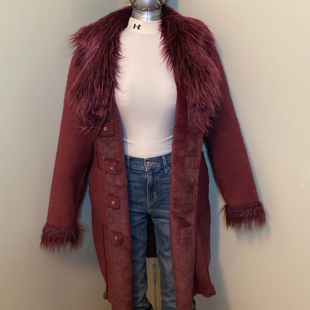 Long Reversible Teddy Coat in Burgundy with Faux Fur Trim - Picture 9 of 14